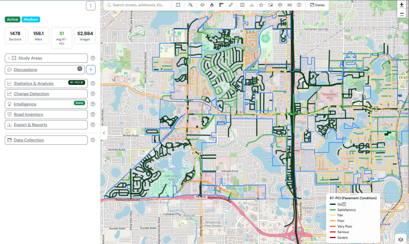 Road Triage Helm — interactive map of the Altamonte Springs roadway assessment with the network color-coded by RT-PCI condition and a sidebar of project KPIs (1,478 sections, 156.1 miles, average RT-PCI 81, 52,884 captured images)